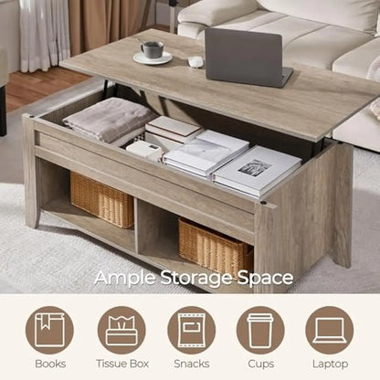 Lift-Top Coffee Table with Quiet Hydraulic Mechanism, Gray Finish 47.5 Inch Surface, Adjustable Height Work-Space