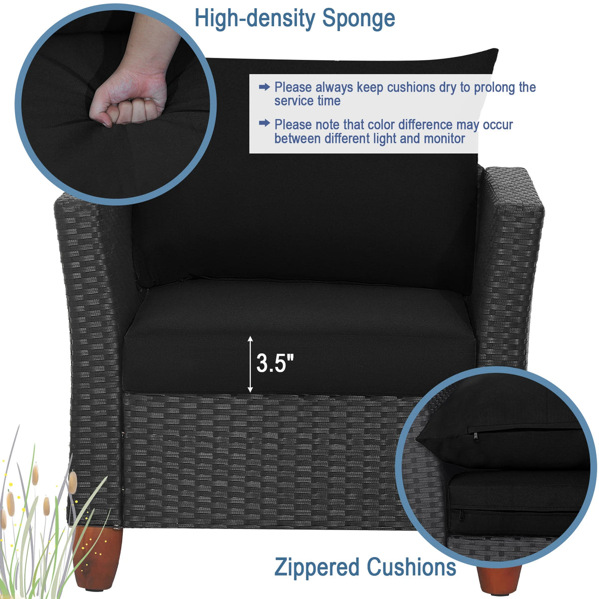 3PCS Patio Rattan Furniture Set, Cushioned Sofa, Storage Table with Wood Top, Black