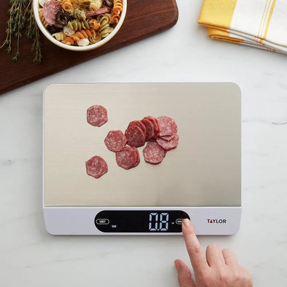 22LB High Accuracy Kitchen Food Scale with Stainless Steel Surface, Backlit Display, and USB Recharging Cord Included