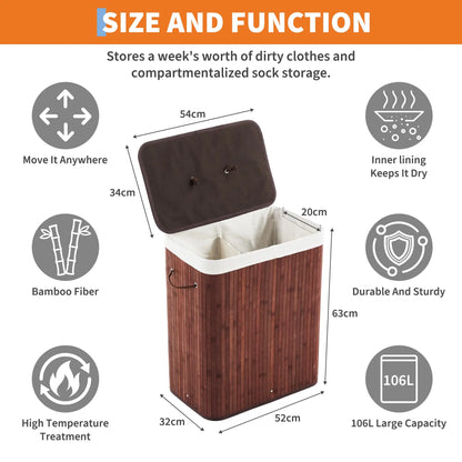 Bamboo Laundry Hamper, Large 106L with Removable 4-Section Liner, Foldable