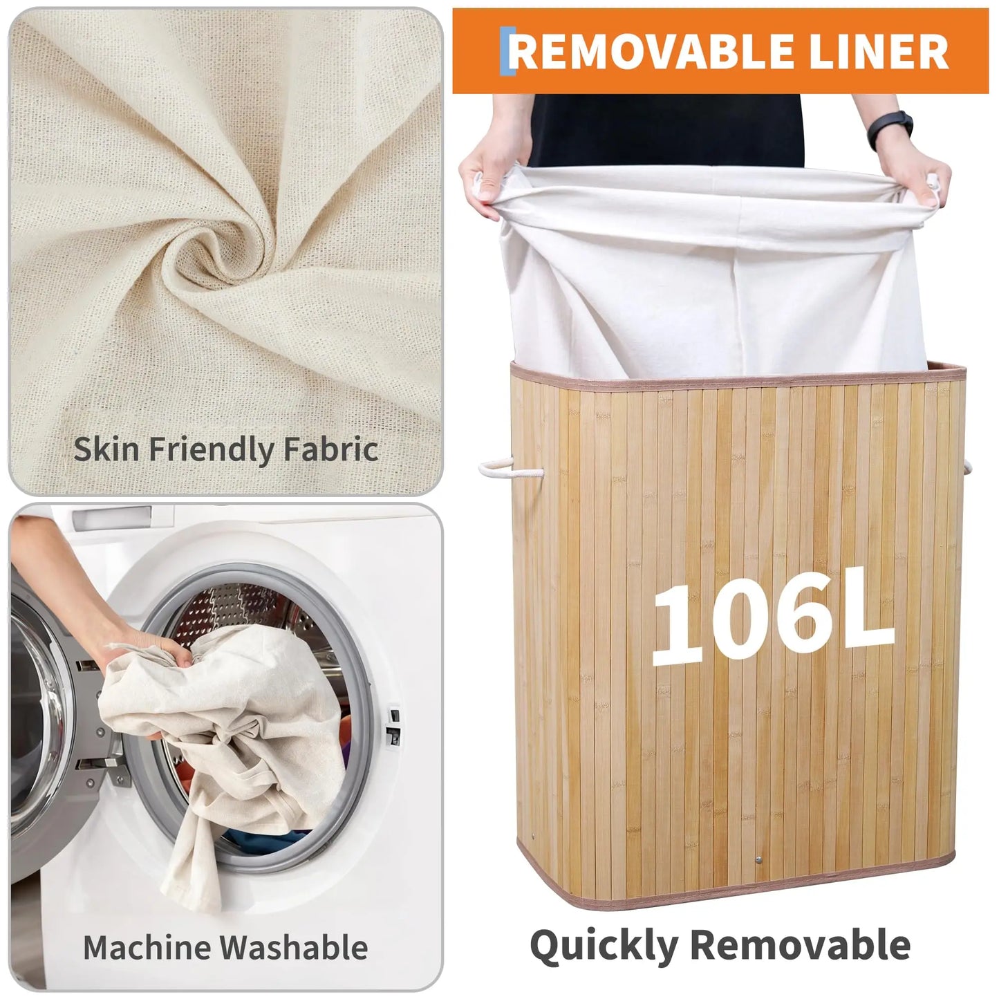 Bamboo Laundry Hamper, Large 106L with Removable 4-Section Liner, Foldable