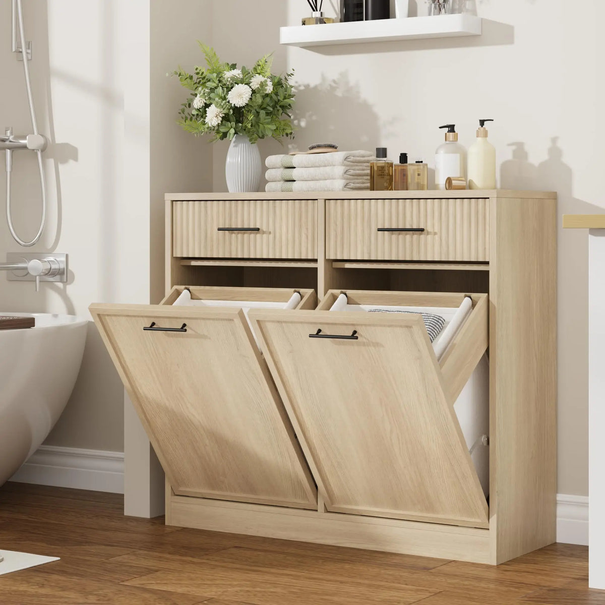 Tilt Out Laundry Hamper Cabinet With Drawer And Baskets, Wooden Laundry Basket For Bathroom ojr Bedroom