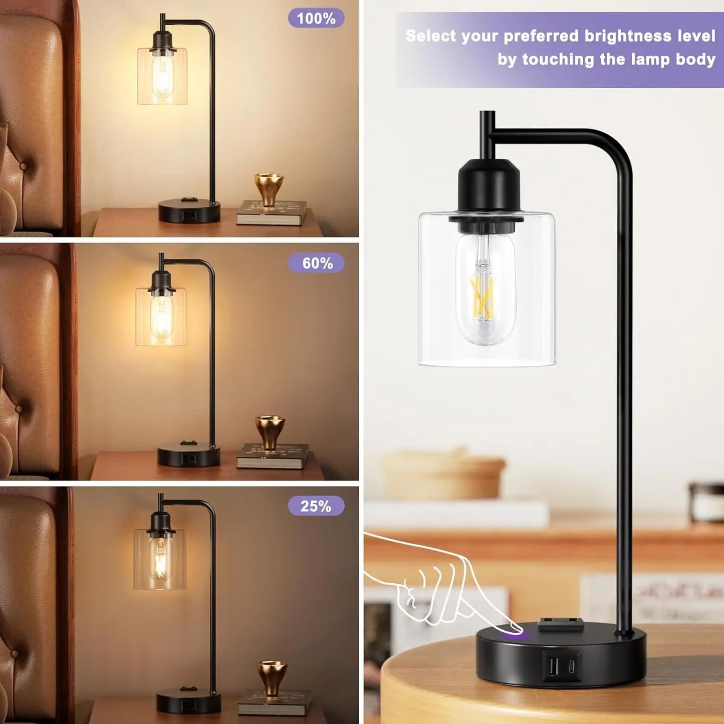 Touch Table Lamps Set of 2 - 3-Way Dimmable with USB C+A Ports and Outlet