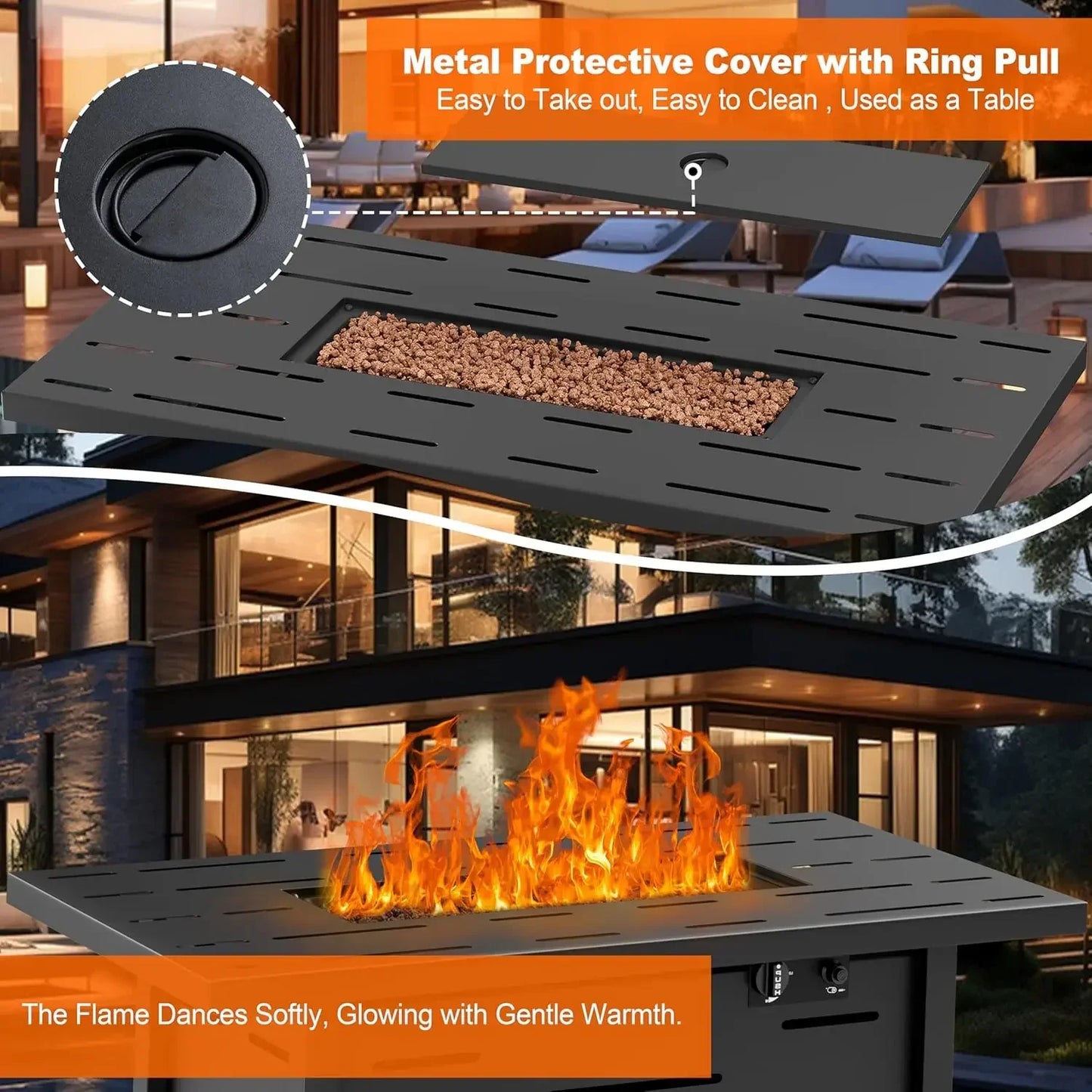 43 inch Outdoor Propane Fire Pit Table with Lid, Waterproof Cover