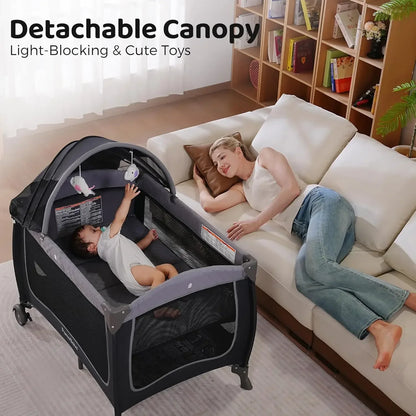 Baby Playard with Canopy, Portable Crib with Changing Table