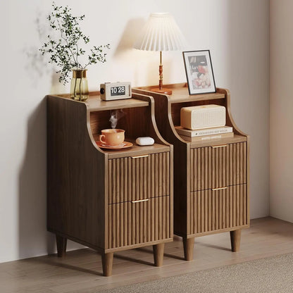 Narrow Nightstand Set of 2,11.8" Fluted with Slim Side 2 Drawers