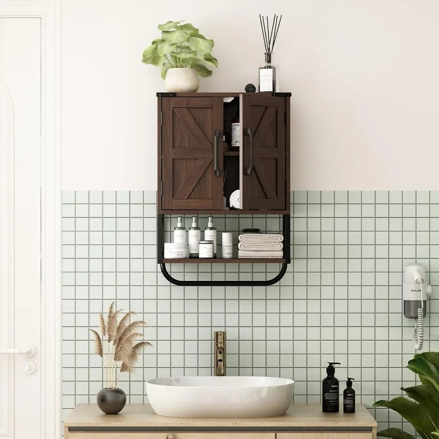 Farmhouse Rustic Medicine Cabinet With Two Barn Doors,Wood, Wall Mounted With Adjustable Shelf And Towel Bar