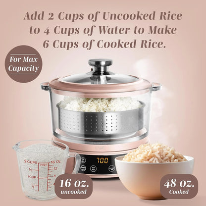 3L Glass Low Carb Rice Cooker-Makes 6 Cups with Auto Lift Filter Basket Hotpot Steamer