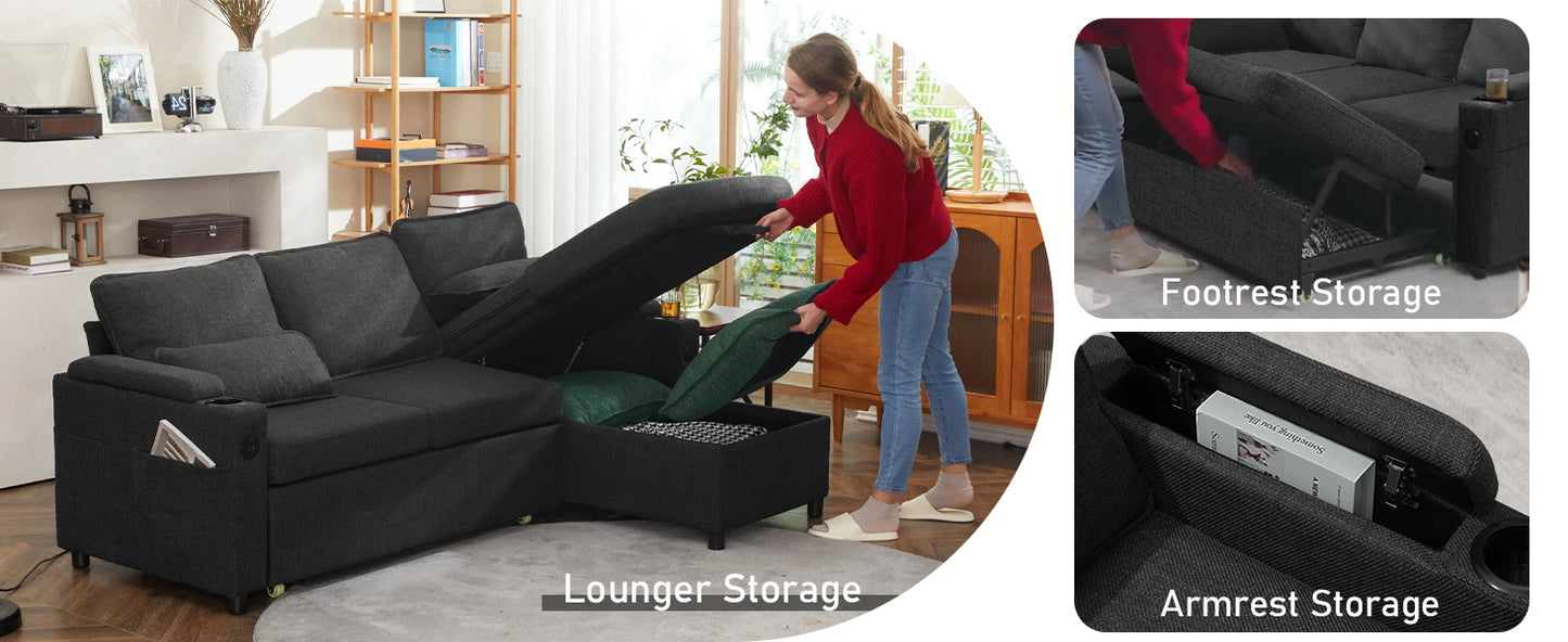 Sofa Bed Sleeper w/Pull Out and Storage,USB, Cup Holder