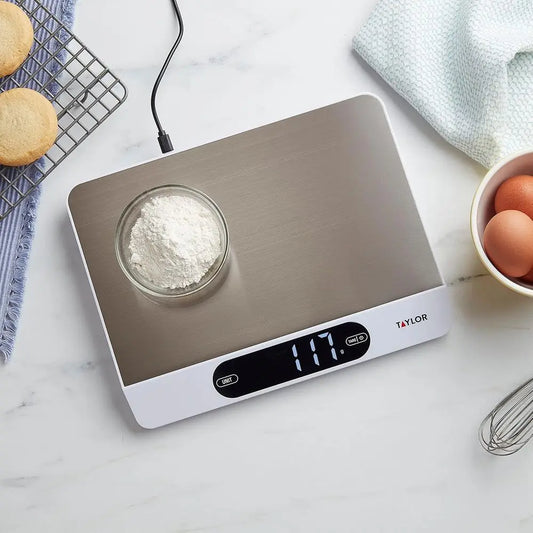 22LB High Accuracy Kitchen Food Scale with Stainless Steel Surface, Backlit Display, and USB Recharging Cord Included
