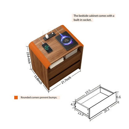 23.6" Walnut Nightstand with Charging Station, Mid Century Modern