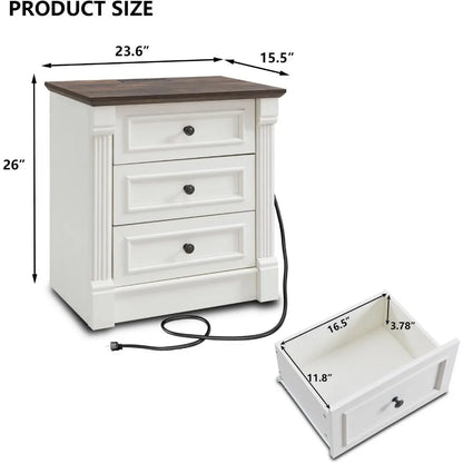 26" Farmhouse Nightstand Set with 3 Drawers, Charging Station, and Rustic Roman Column Design