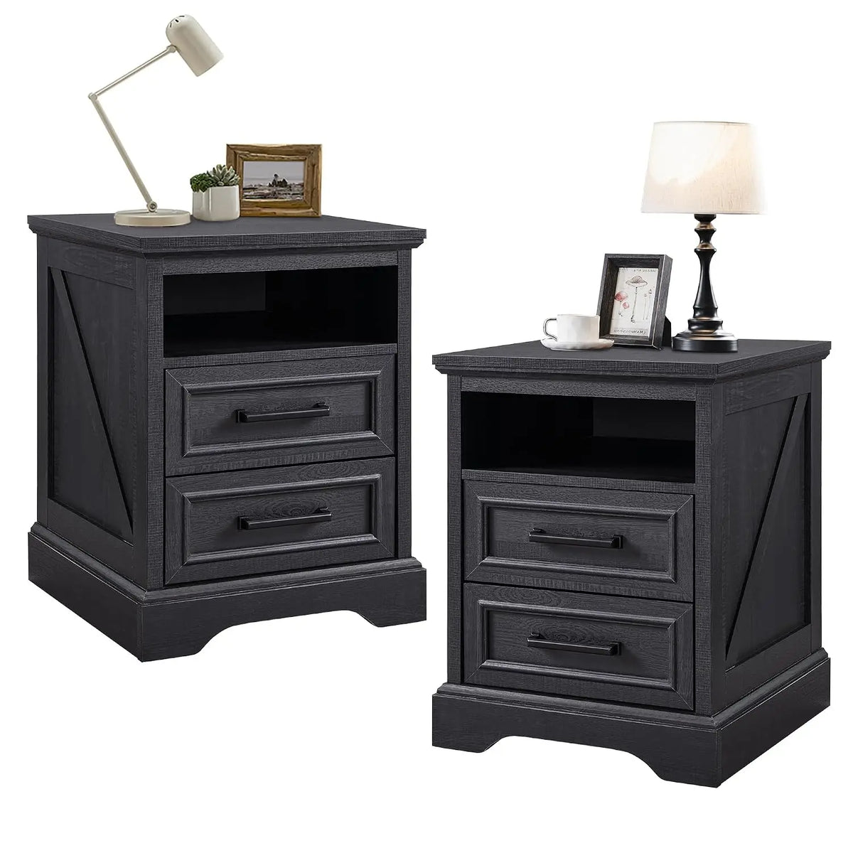 18 Inch Farmhouse Nightstands Set of 2, 2 Drawer Storage & Charging Station