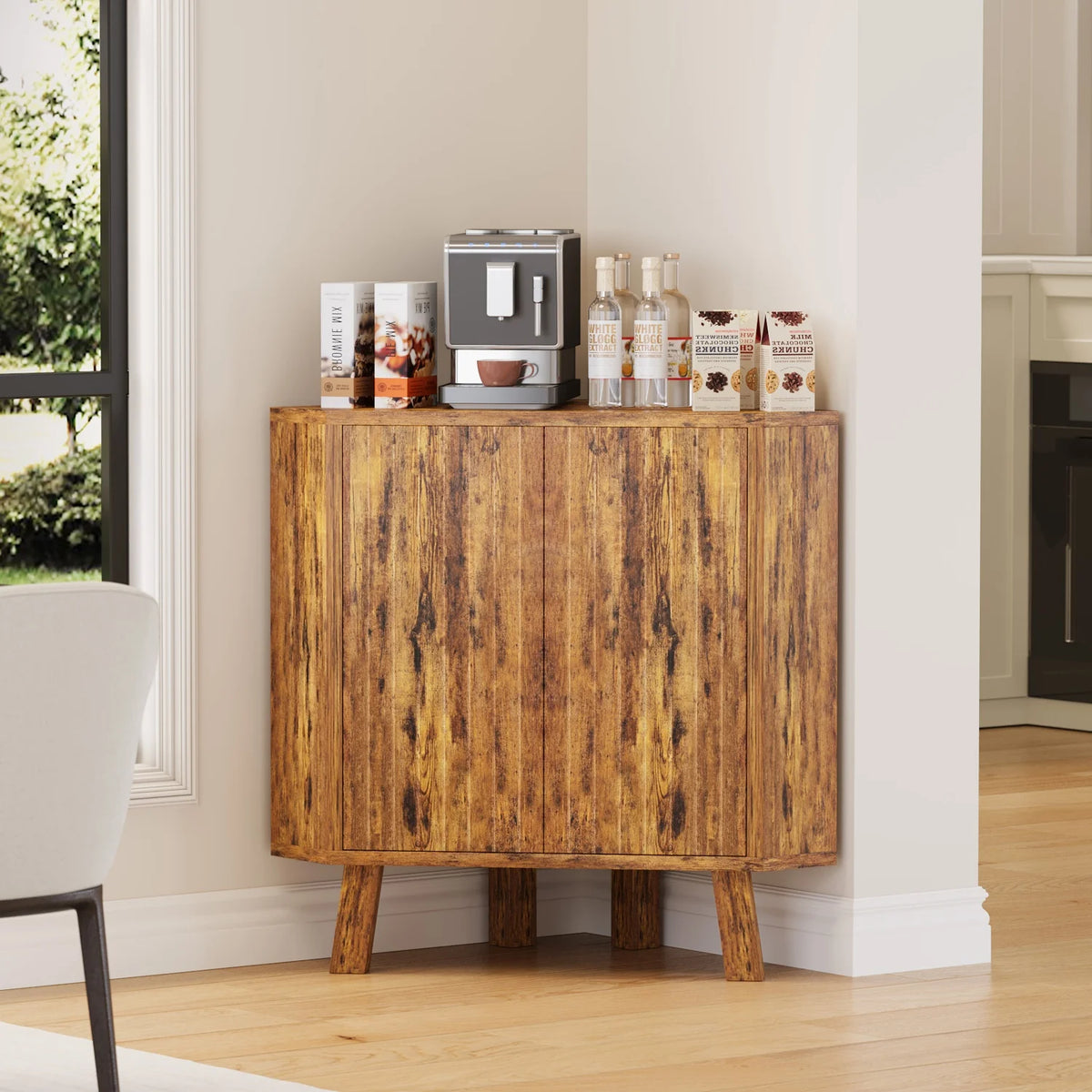 Farmhouse Corner Storage Cabinet with Adjustable Shelf, Industrial Wooden Corner Table
