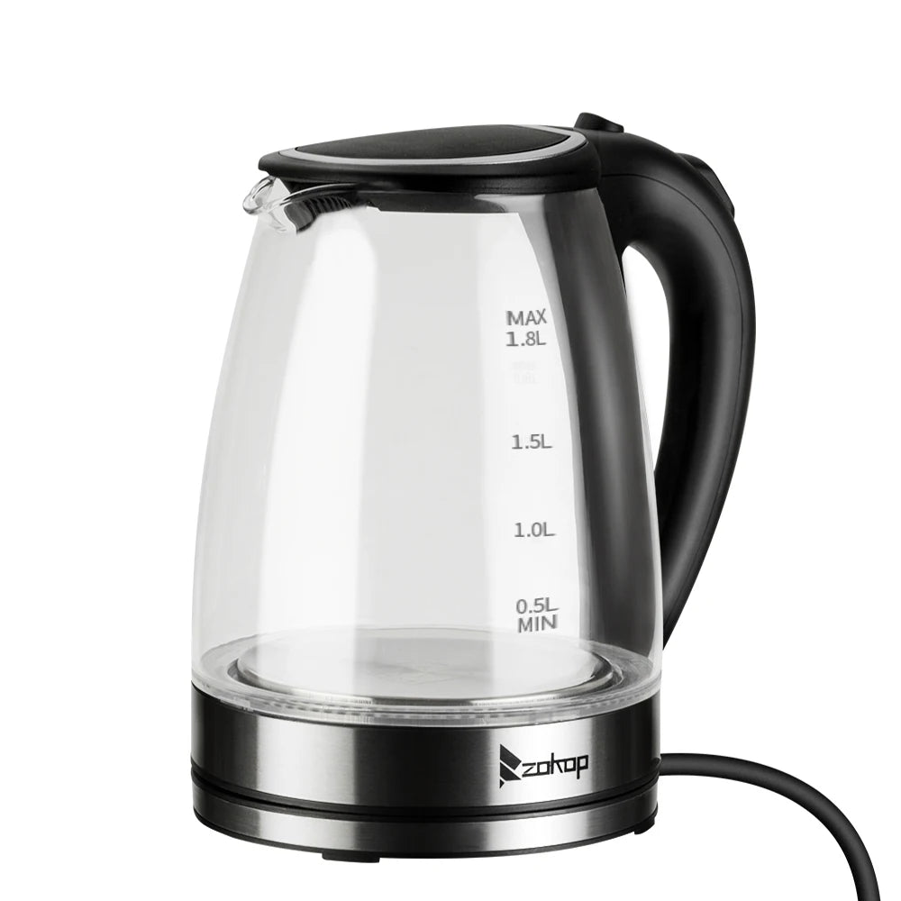 110V 1200W 1.8L Electric Glass Kettle, US Plug, Borosilicate Glass, Blue LED Auto Shut Off 360 Rotation Base