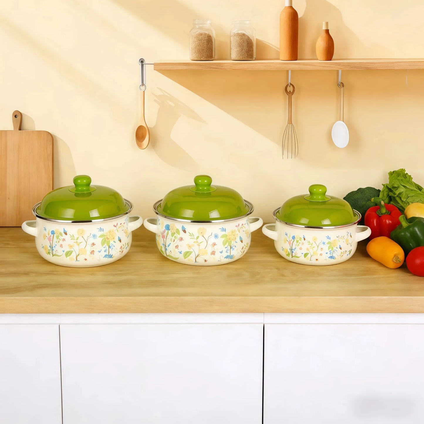 3Pcs Vintage Enamel Stock Pot Set with Lid,34oz/51oz/68oz Retro Flower