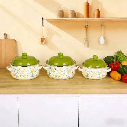 3Pcs Vintage Enamel Stock Pot Set with Lid,34oz/51oz/68oz Retro Flower