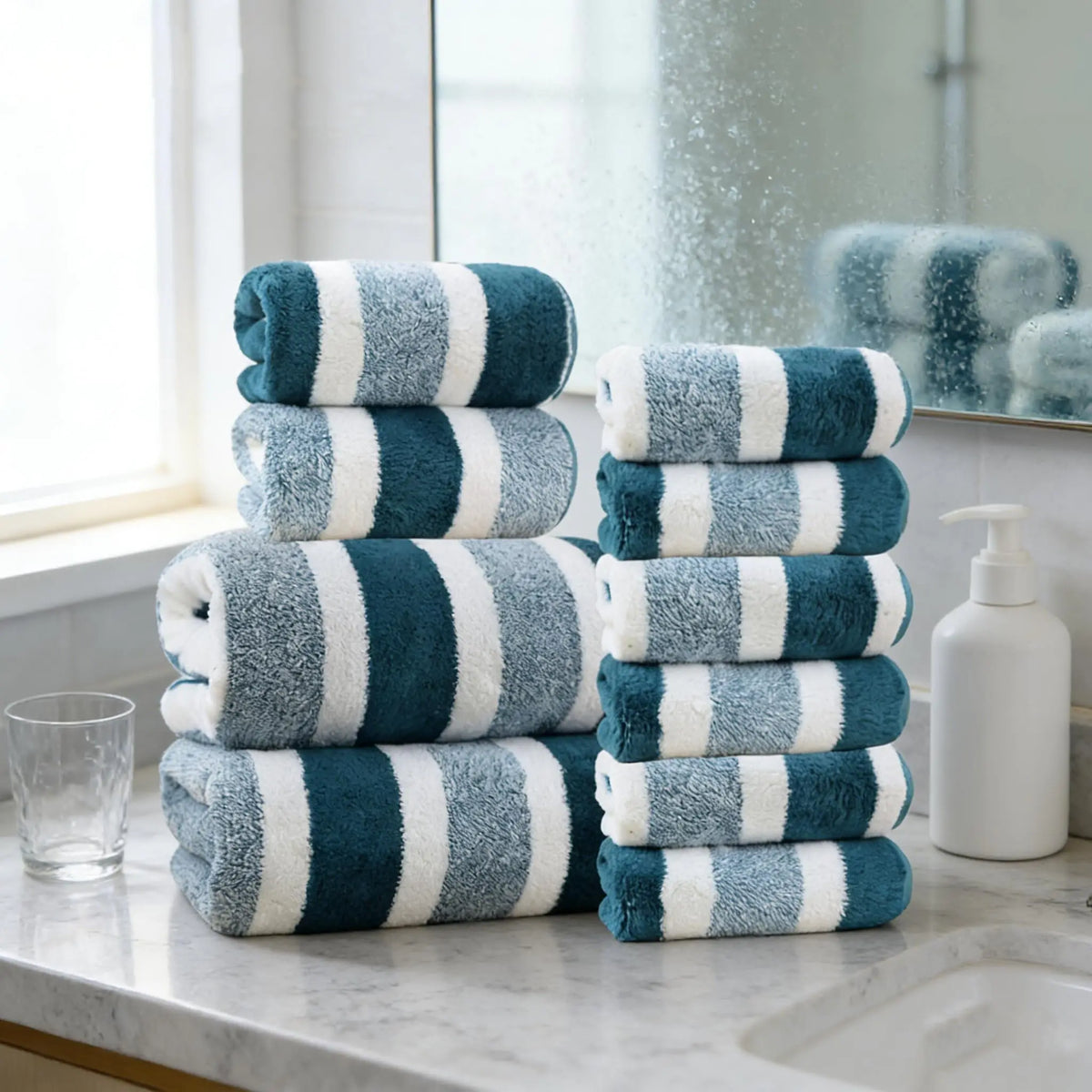 18pcs Luxury Bath Towels Set - Quick-Dry Highly Absorbent Plush Soft Coral Fleece-like Texture, Multi-Size Family Bathroom Towels with Hanging Loops (30x30cm, 70x140cm) for Home, Hotel & Spa - Navy & Striped Design