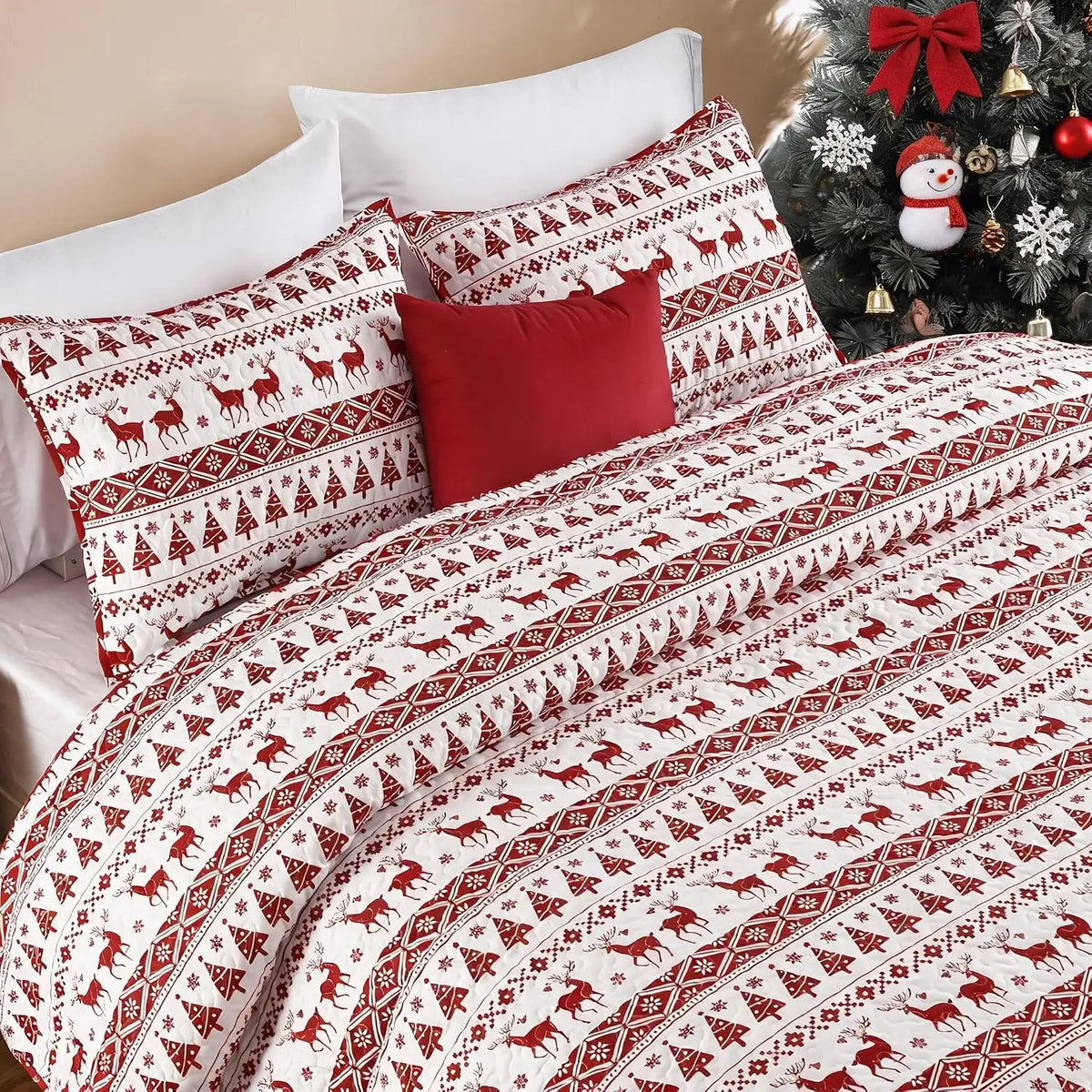 3PCS Christmas Quilt Set King/Queen Size Quilt Set, Winter Blanket, Soft Warm Snowflake Fleece