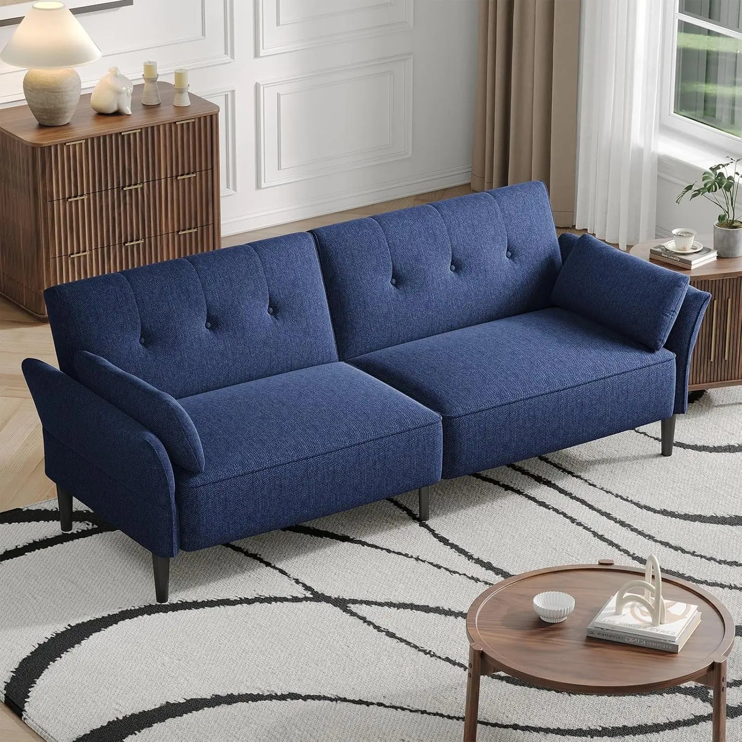 89” Convertible Futon Sofa Bed with 2 Square Pillows and Adjustable Backrest