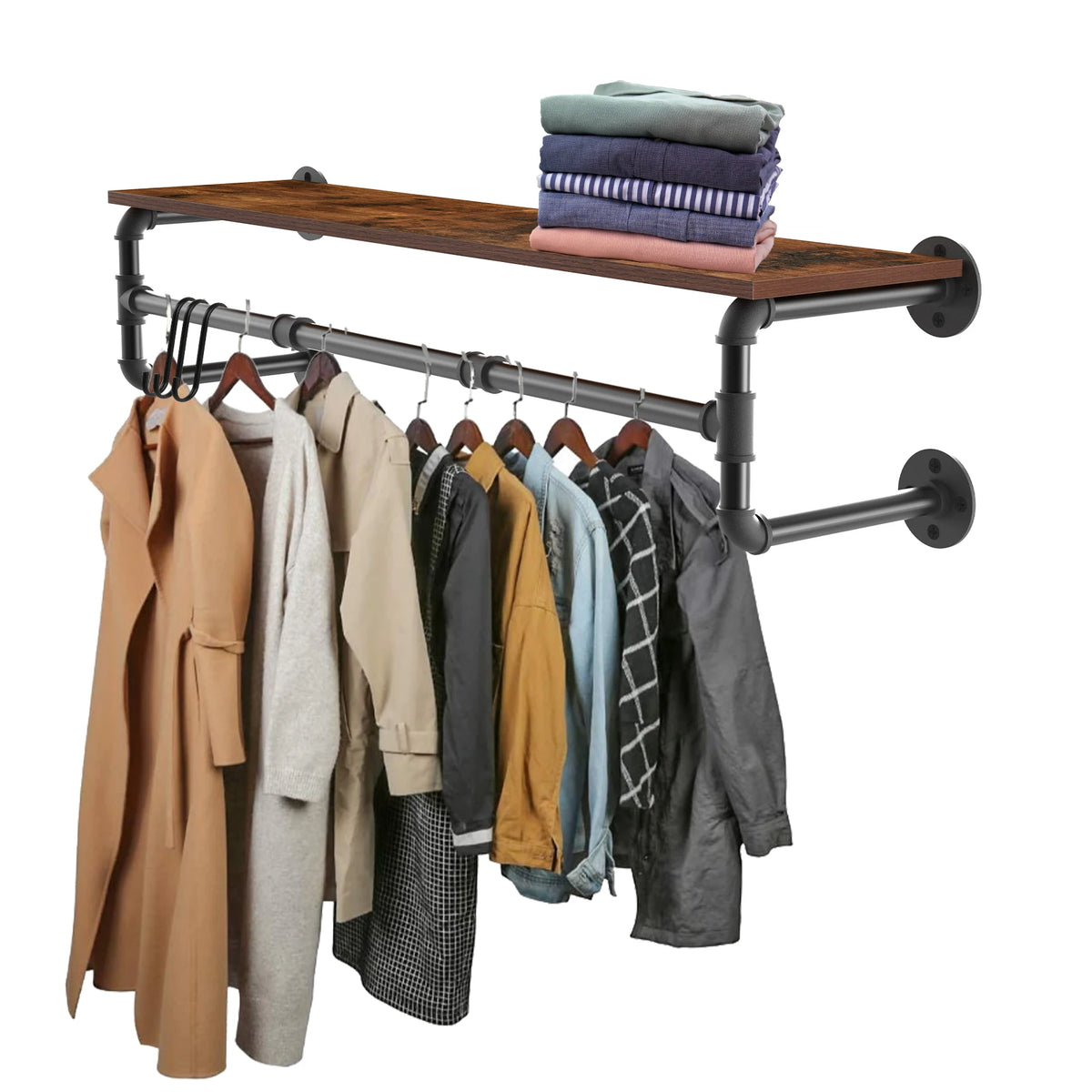 Industrial Pipe Clothing Rack, Wall Mounted Wood Shelf, Pipe Shelving