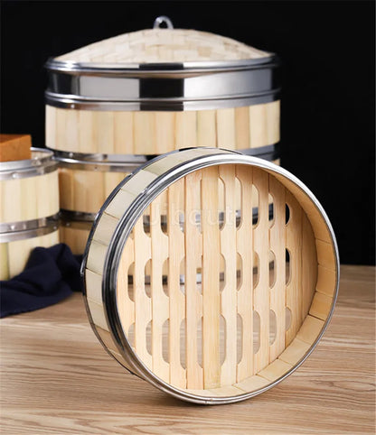 Bamboo Food Steamer basket with Stainless Steel Banding