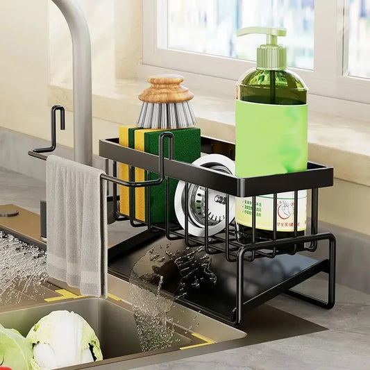 1-Pack Kitchen Sink Organizer Caddy - Metal Storage Rack with Drain Tray , Corner Smooth Design to Keep Sink Area Tidy & Dry
