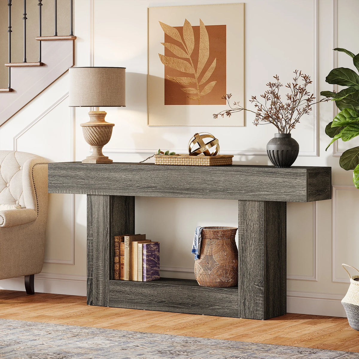 63" Console Table, Farmhouse 2-Tier Entryway Table with U-Shaped Base, Narrow Long Wood Sofa Table, Behind Couch Table