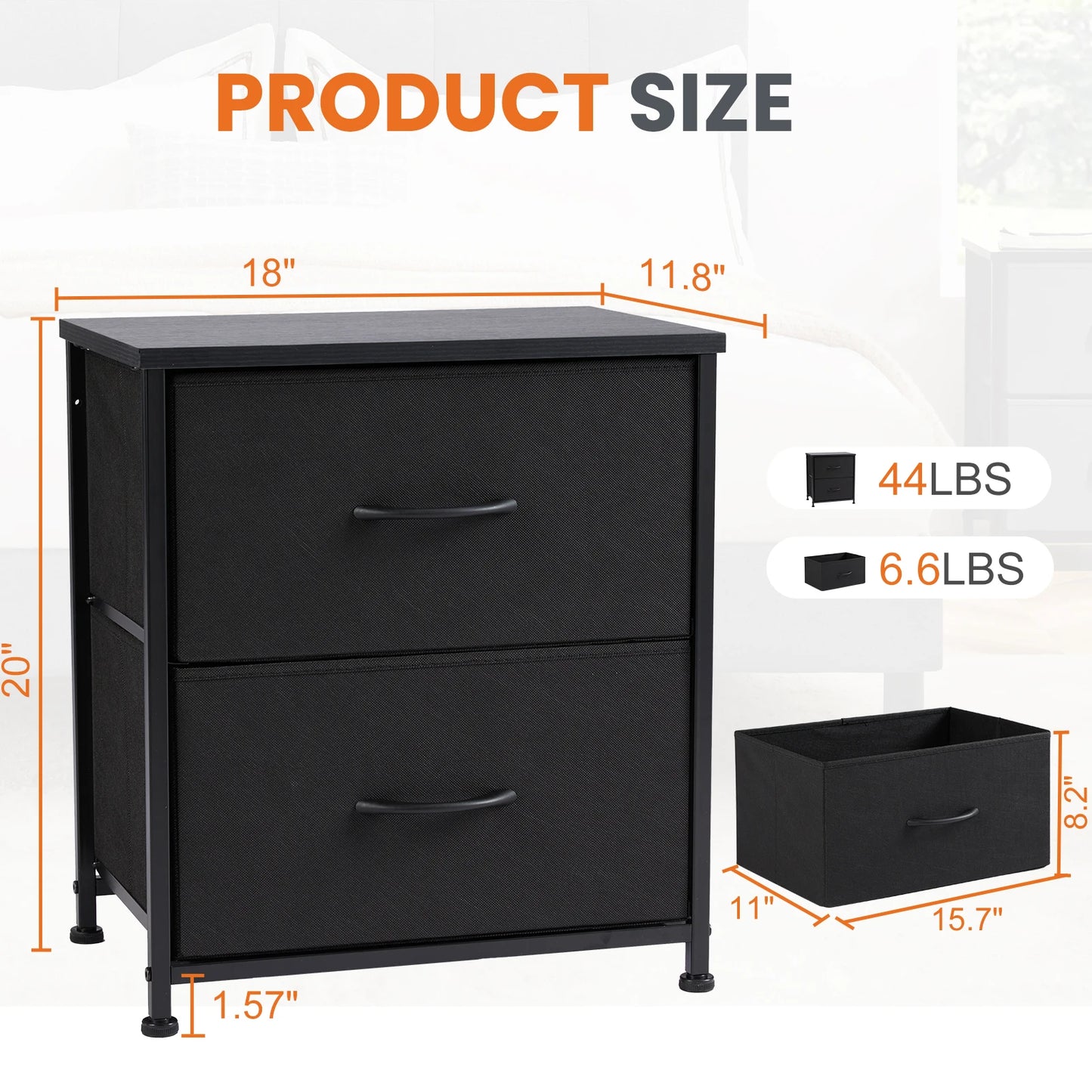 Nightstand, Table Storage For Bedroom 2 Fabric Drawers