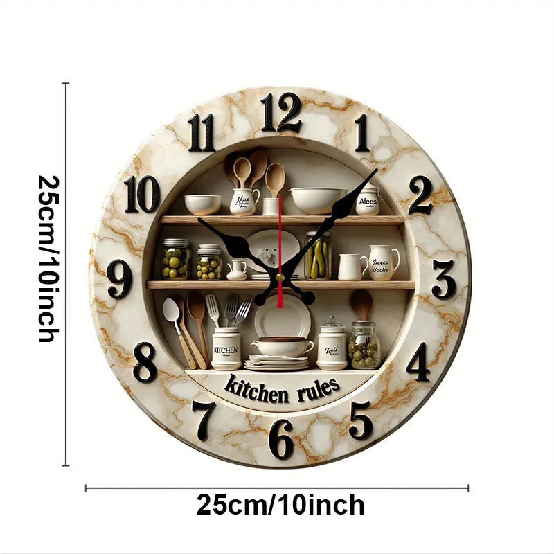 2D Flat Kitchen Rules Design, Wooden Round Silent Hanging Wall Clock,For Living Room,Office,Study Room,Bedroom, Home Decoration