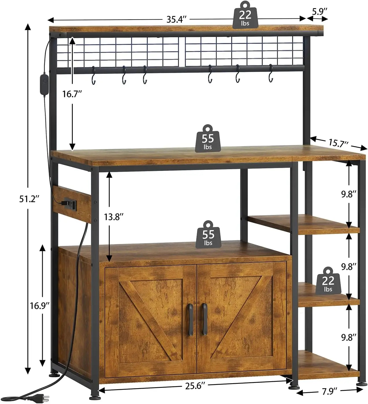 Bakers Rack with Power Outlet and LED Light, Microwave Stand with Storage Cabinet