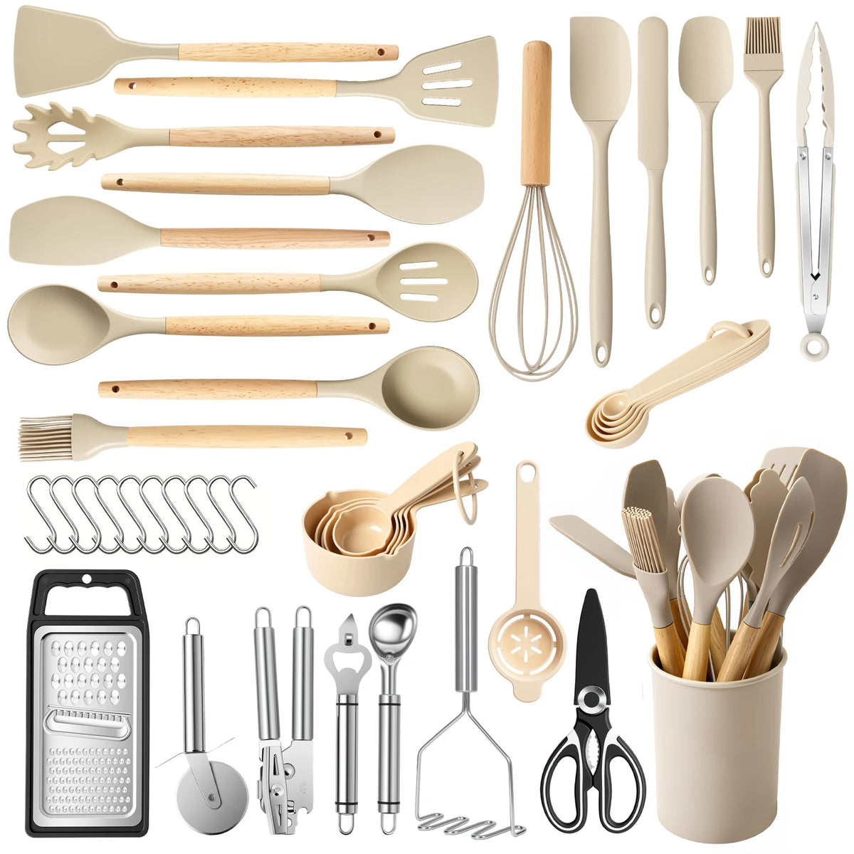 Silicone Wooden Handle 44-Piece Non-Stick  Kitchen Utensil Set, Food-Grade Heat-Resistant Cookware Set for Kitchen & Baking