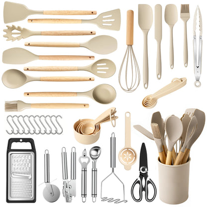 Silicone Wooden Handle 44-Piece Non-Stick  Kitchen Utensil Set, Food-Grade Heat-Resistant Cookware Set for Kitchen & Baking
