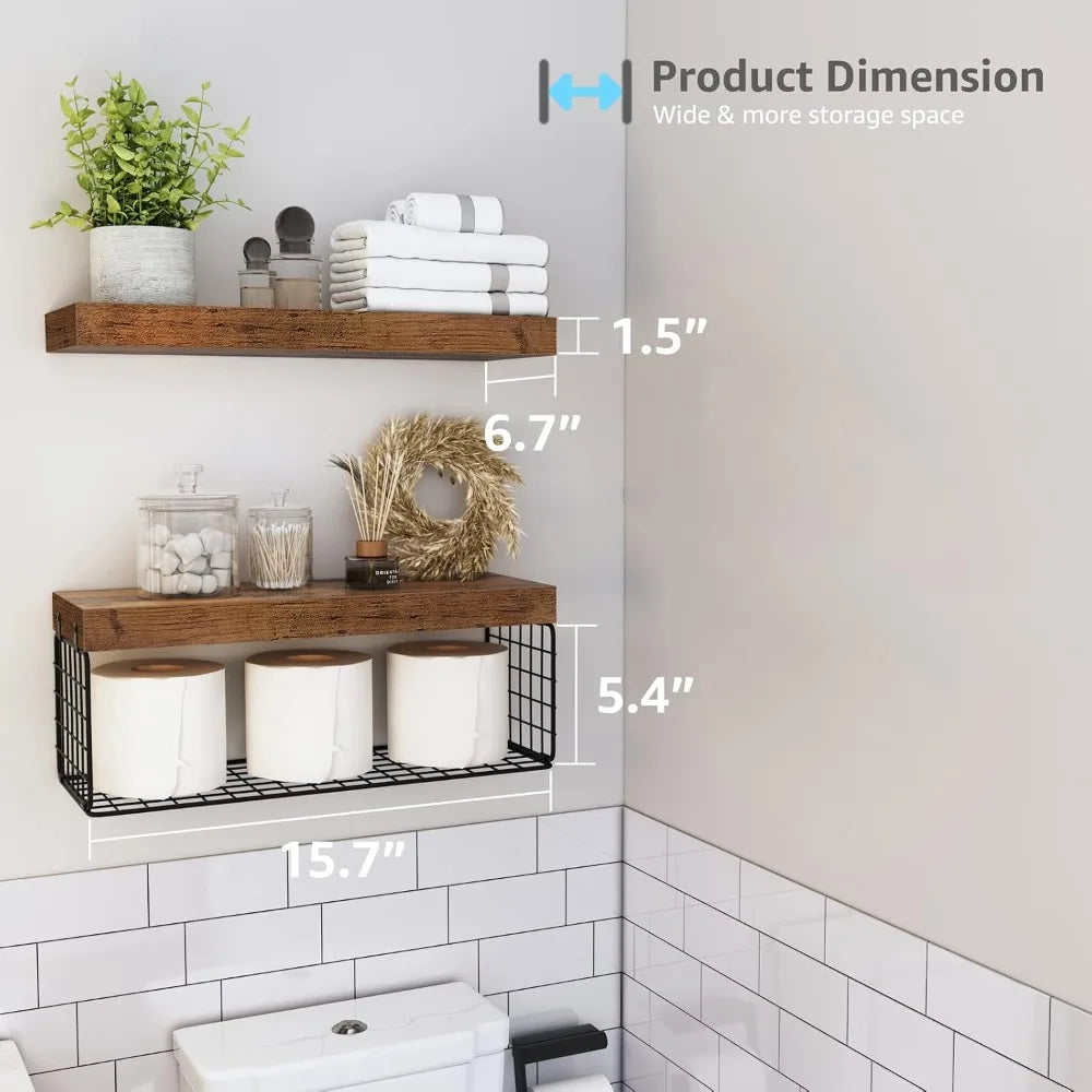 Farmhouse Bathroom Shelves Over Toilet, Set of 2, 16 inch, Rustic Brown, Wall Mounted Floating Shelf for Storage