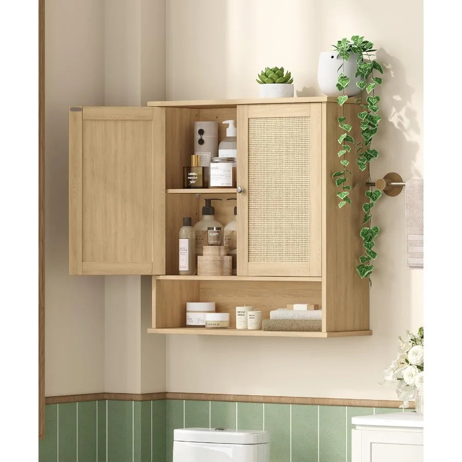 27.6" H Bathroom Wall Cabinet, Modern With Adjustable Shelf & 2 Rattan Doors