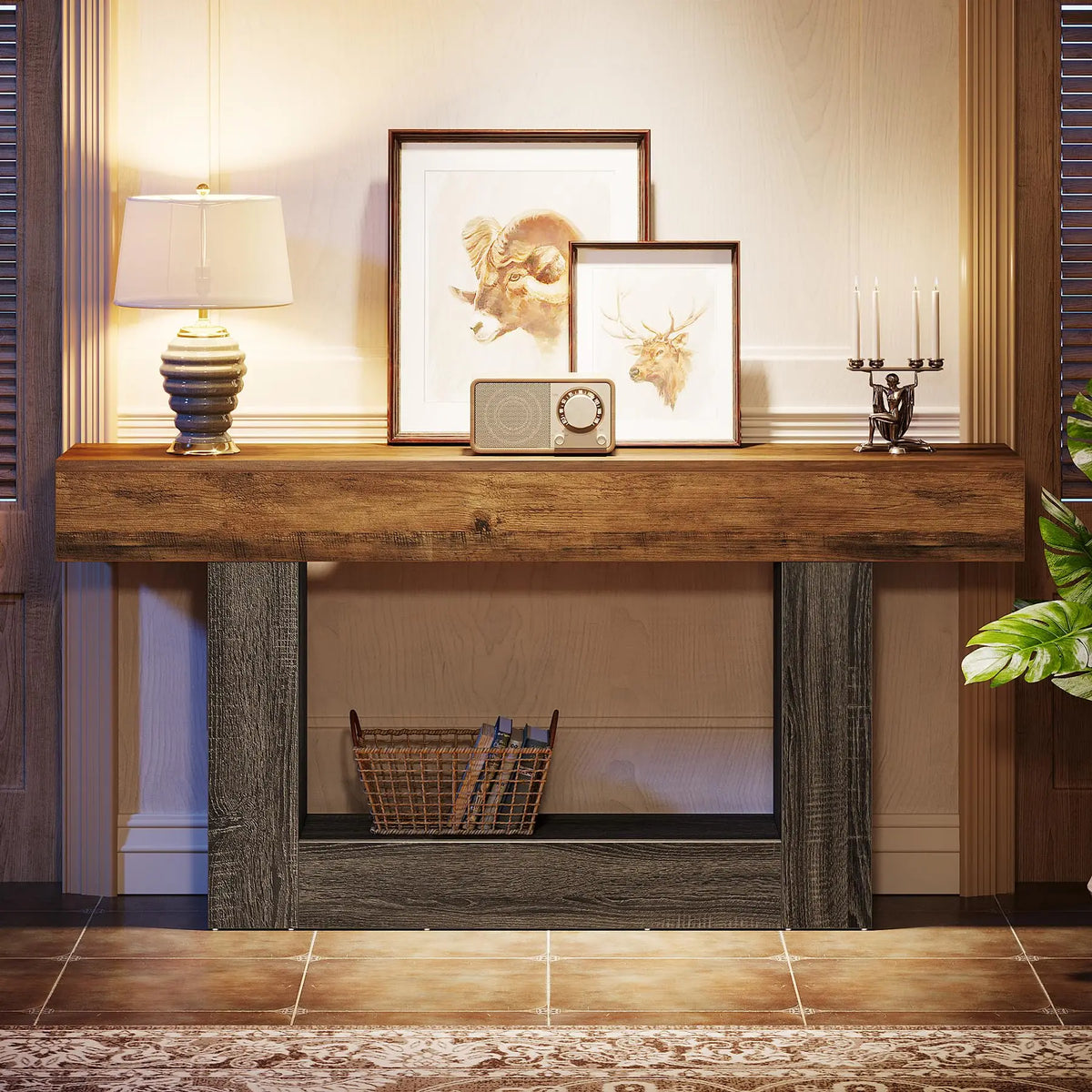 63" Console Table, Farmhouse 2-Tier Entryway Table with U-Shaped Base, Narrow Long Wood Sofa Table, Behind Couch Table