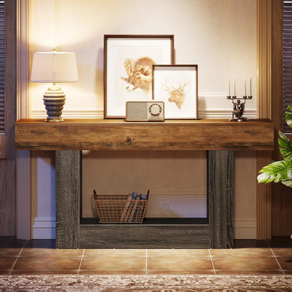63" Console Table, Farmhouse 2-Tier Entryway Table with U-Shaped Base, Narrow Long Wood Sofa Table, Behind Couch Table