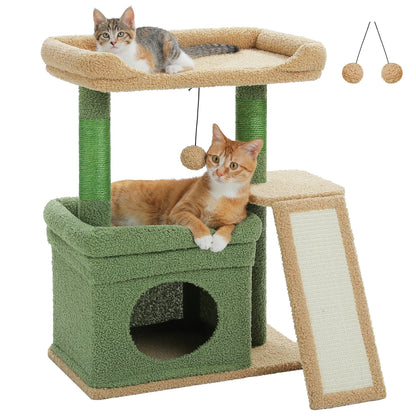 Small Cat Tree for Indoor Cat, Tower with Sisal Scratching Post and Pad, Wide Top Perch