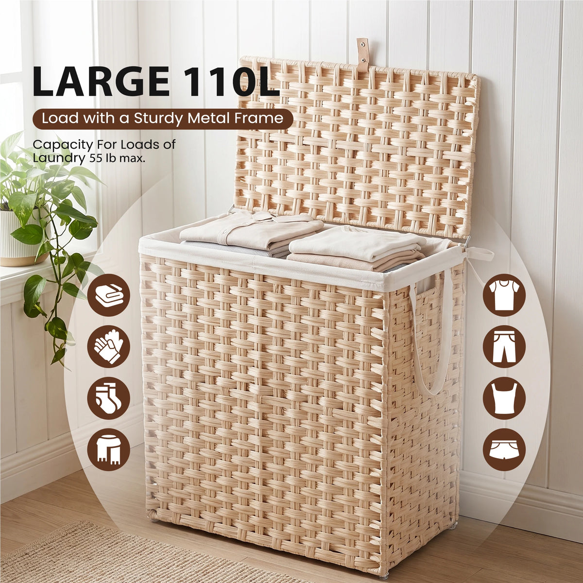 110L Laundry Basket with Lid, Foldable Wicker Laundry Hampers with Side Handles, Removable Liner, Rattan Laundry Basket with Sturdy Steel Frame
