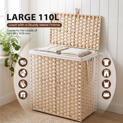 110L Laundry Basket with Lid, Foldable Wicker Laundry Hampers with Side Handles, Removable Liner, Rattan Laundry Basket with Sturdy Steel Frame