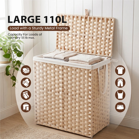 110L Laundry Basket with Lid, Foldable Wicker Laundry Hampers with Side Handles, Removable Liner, Rattan Laundry Basket with Sturdy Steel Frame
