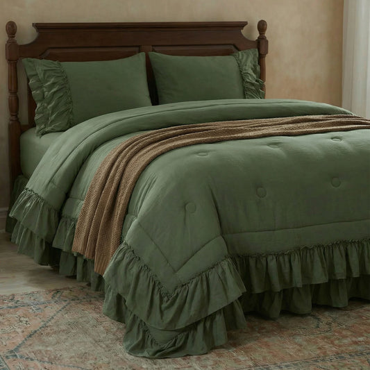 Olive Green Ruffle Comforter Set King, 3 Pieces Shabby Chic Farmhouse Bedding, Soft Microfiber Comforter with Matching Shams, All Season