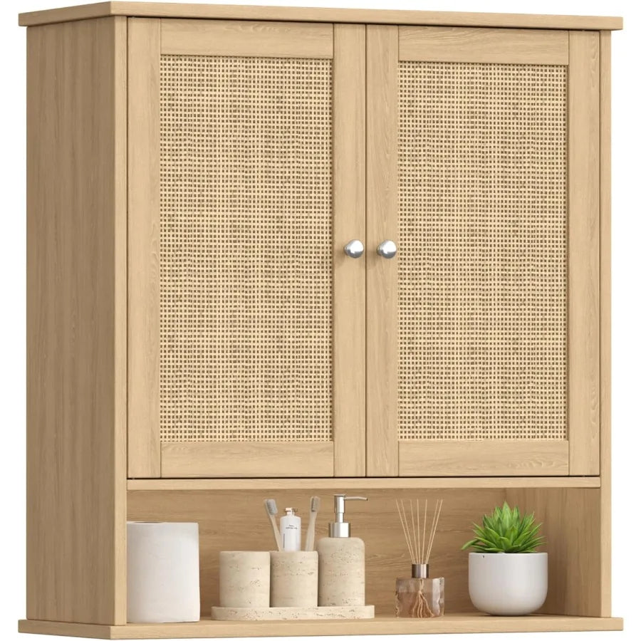 27.6" H Bathroom Wall Cabinet, Modern With Adjustable Shelf & 2 Rattan Doors