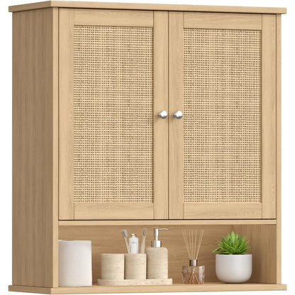 27.6" H Bathroom Wall Cabinet, Modern With Adjustable Shelf & 2 Rattan Doors