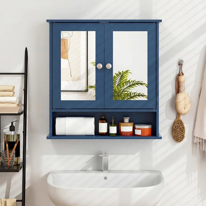 Bathroom Medicine Cabinet With Mirror, Wall Mounted Wooden Organizer With Doors And Shelves