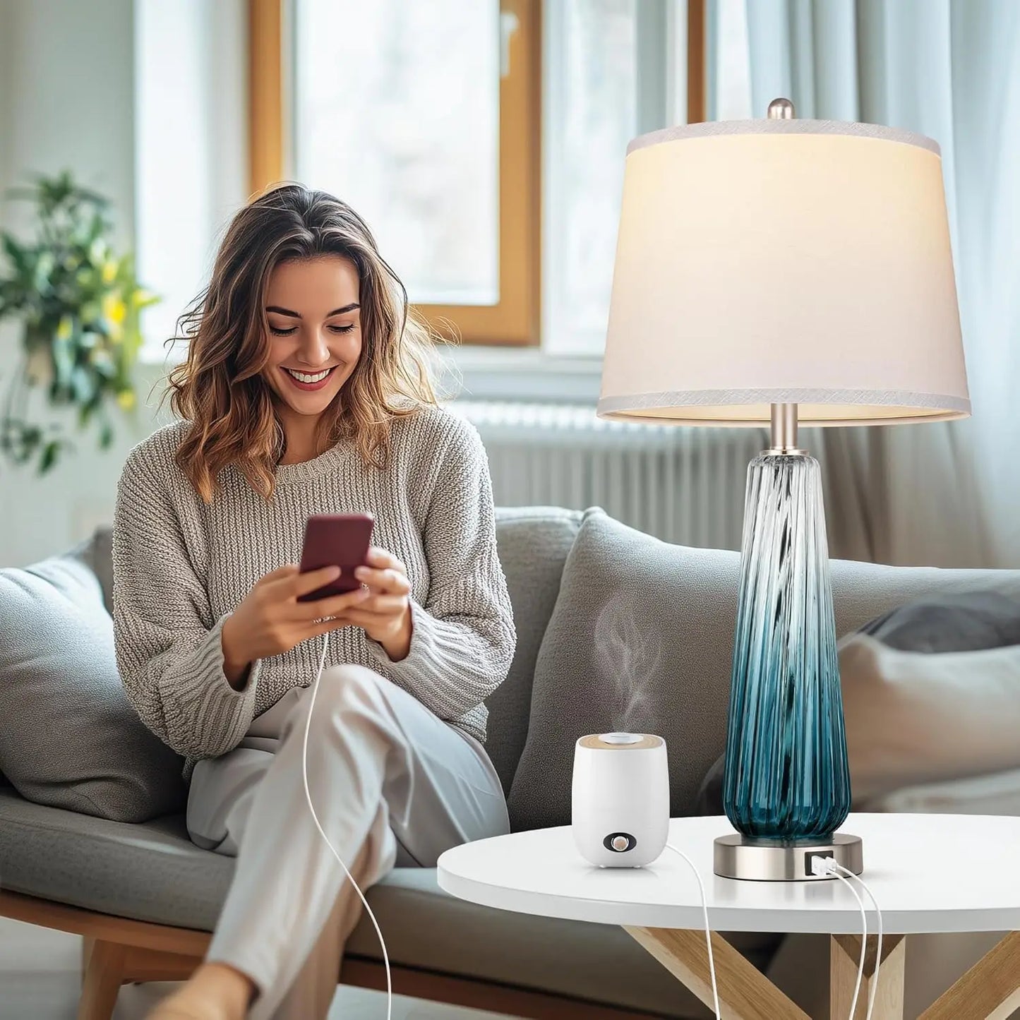 Touch Control Glass Table Lamps, Set of 2 with USB A+C Ports, 3-Way Dimmable, White Fabric Shade
