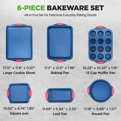 6Piece Nonstick Bakeware Set, Carbon Steel Baking Pans with Red Silicone Handles, Blue Coating