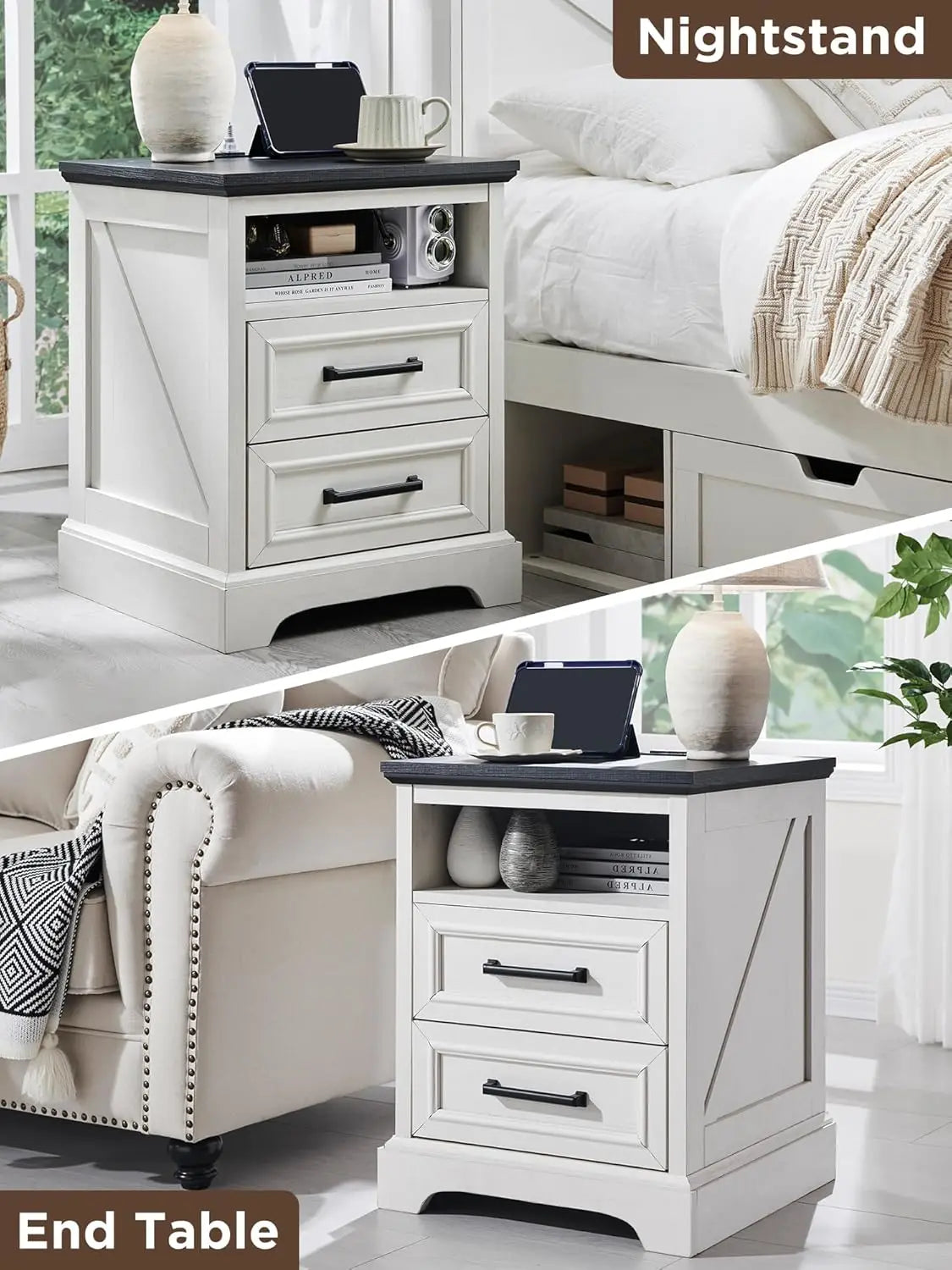 18 Inch Farmhouse Nightstands Set of 2, 2 Drawer Storage & Charging Station