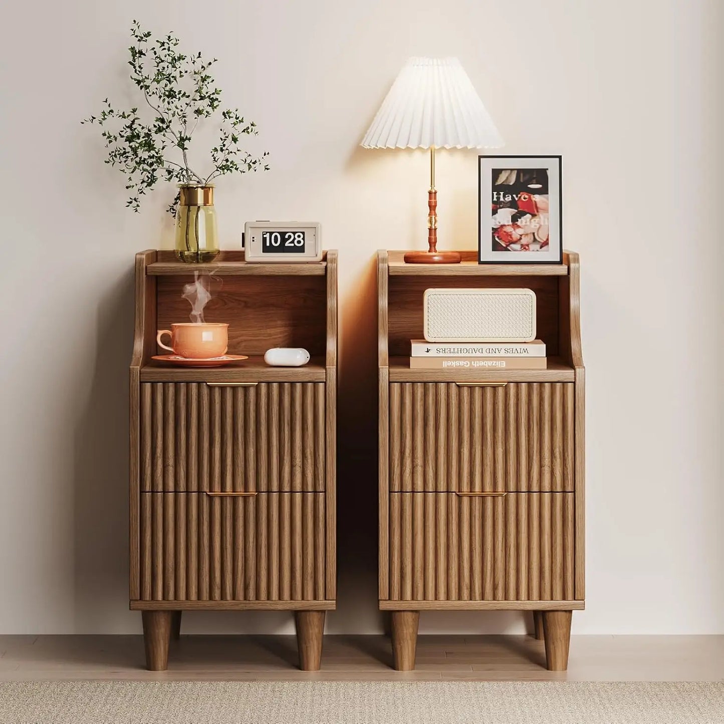 Narrow Nightstand Set of 2,11.8" Fluted with Slim Side 2 Drawers