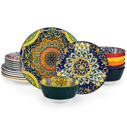 12/16/18/24 Piece Ceramic Dinnerware Set, Stoneware Bohemian Style